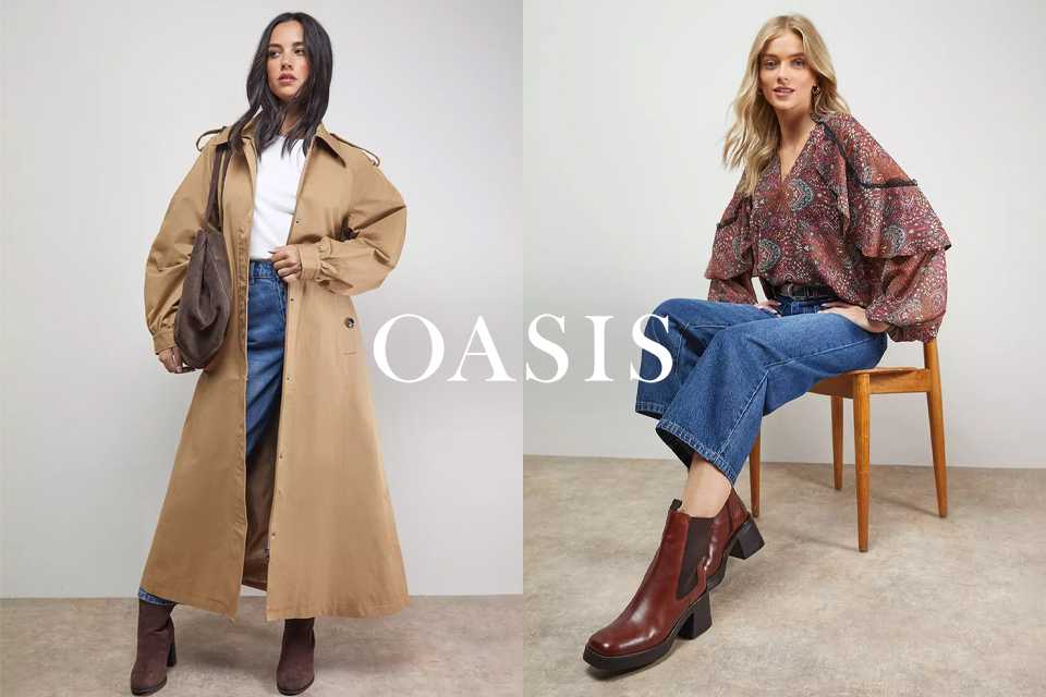 Oasis. Inspired by statement prints, florals, and timeless patterns, Oasis curates effortless, sophisticated pieces for the modern wardrobe with smart tailoring, elegant occasionwear, and elevated desk-to-dinner styles that stand out.