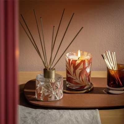 Morris & co candle and defuser on wooden side table.