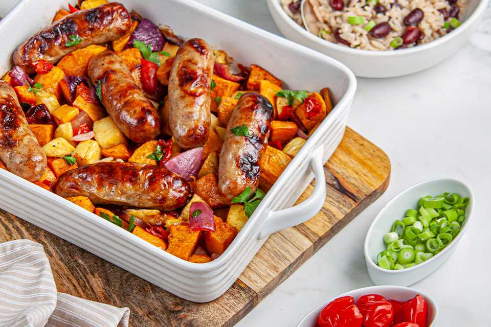 Jerk sausages with sweet potato.