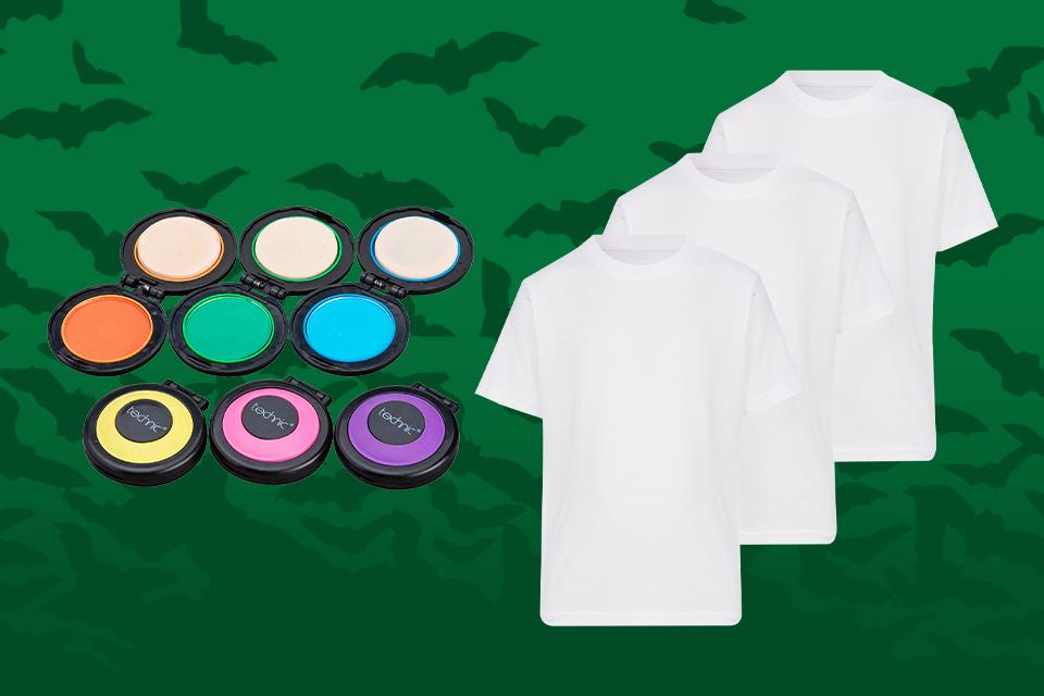 Various hair chalks of different colours and three white t-shirts.