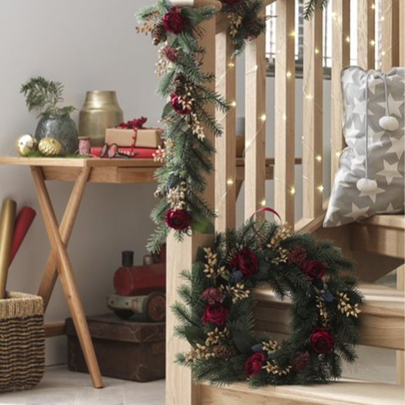 Hallway decorated for Christmas.