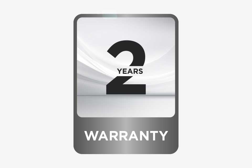 The words 2 years Warranty written in a black, white and grey logo sort of background.