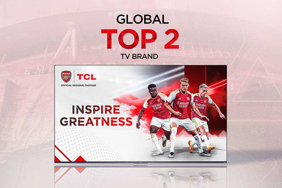 A TCL tv showing players from Arsenal FC playing.