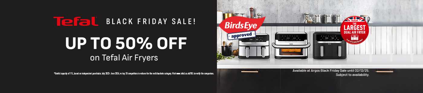 Tefal. Black Friday sale. Up to 50% off on Tefal air fryers.