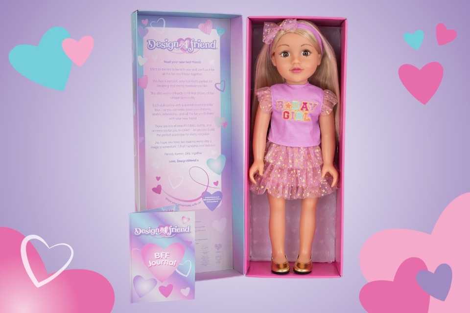 Packaging shot of 18" DesignAfriend doll, showcasing the beautiful gift packaging.