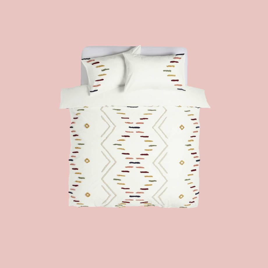 White patterned bedding.