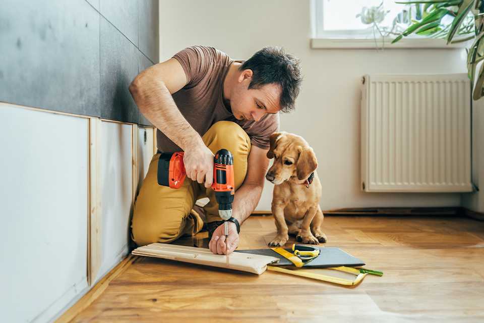 A man sitting next to a dog and drilling a hole into some wood in a house.