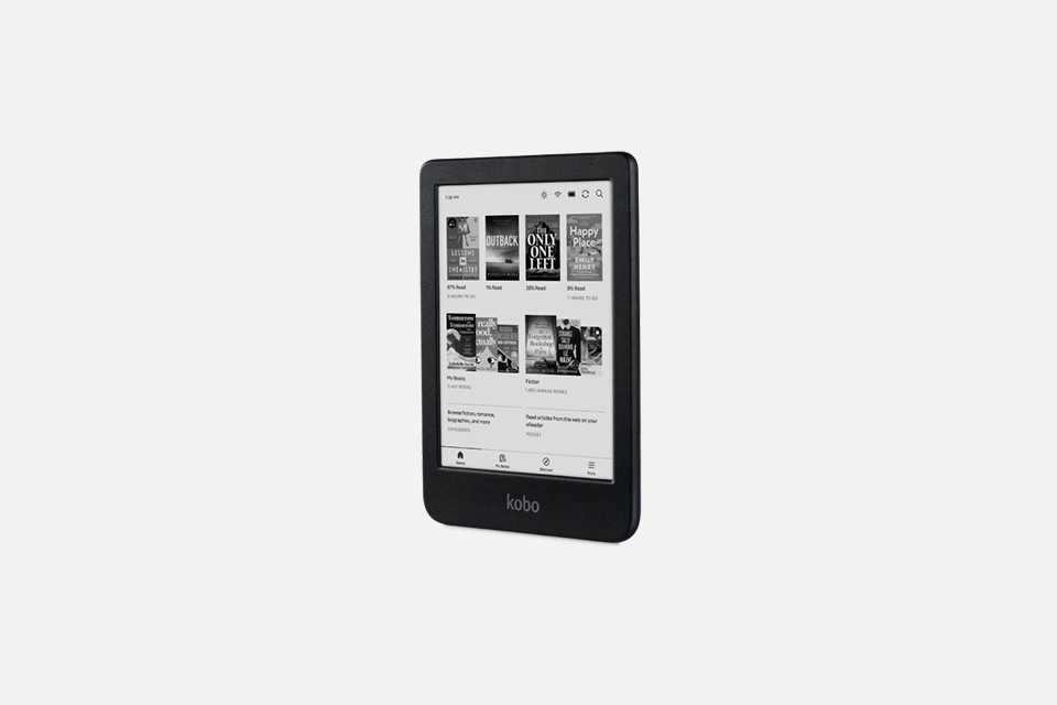 Kobo Clara BW eReader with a minimalist black design and rounded edges.