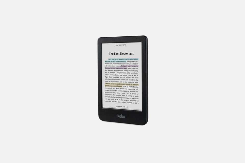 Rakuten Kobo Clara Colour eReader displaying a page from an e-book titled "The First Lieutenant."