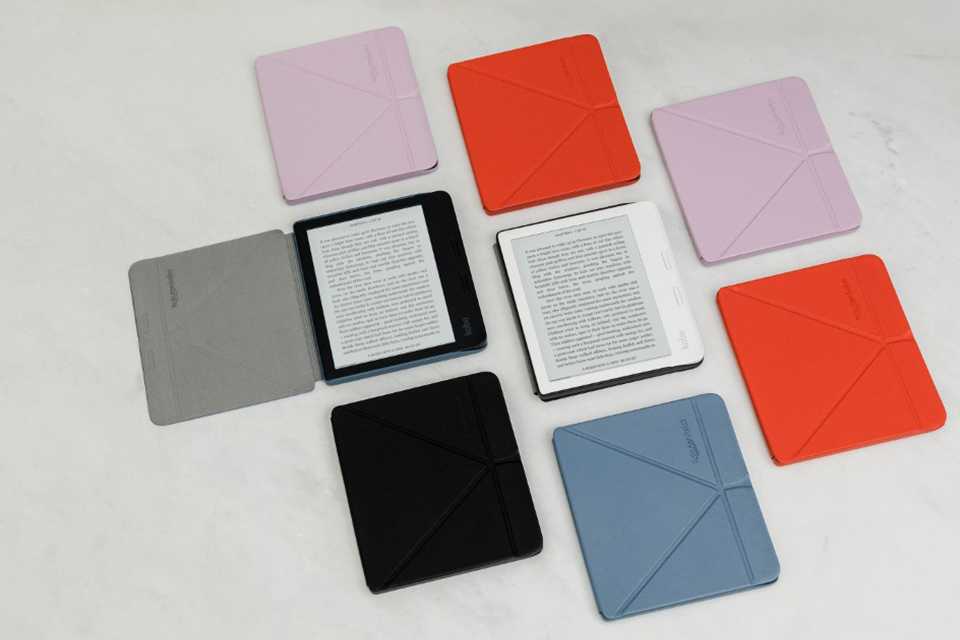 A collection of SleepCover cases for eReaders in light purple, dark red, grey, black, and blue.
