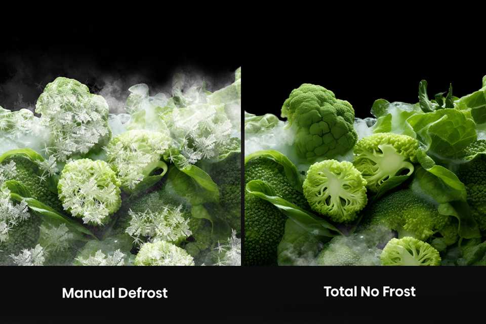 Split screen showing broccoli under total no front technology and depe frost technology.