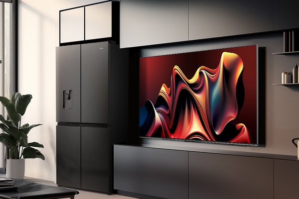 A Hisense TV and a multi-door fridge freezer in a lifestyle setting.