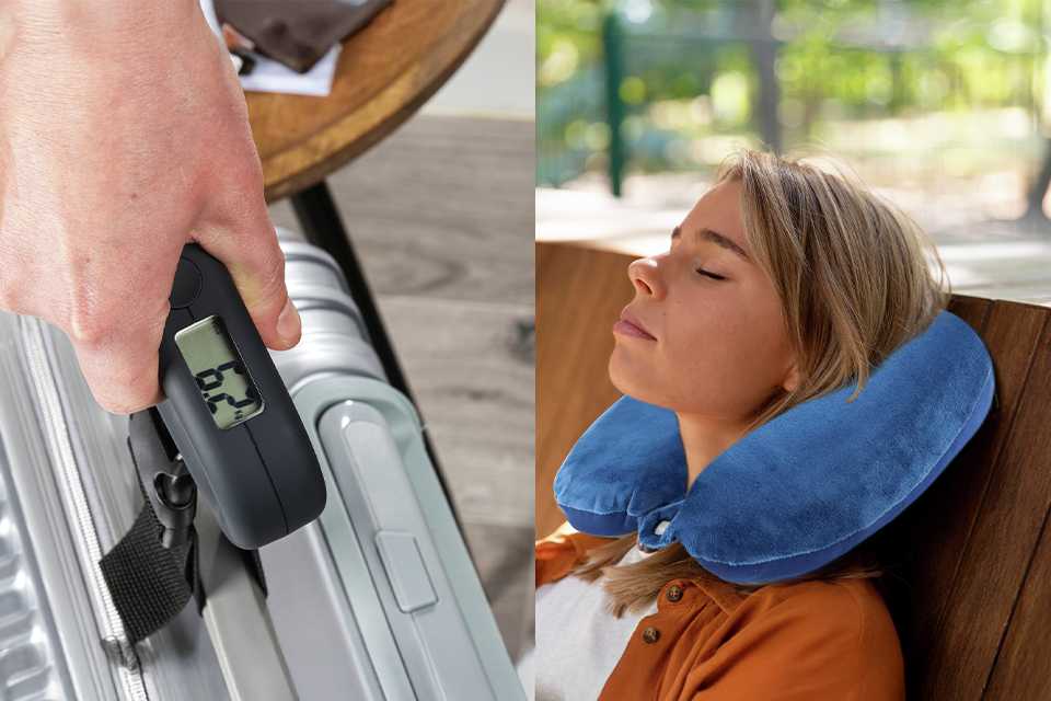A split image of someone weighing their bag at home and relaxing with a travel pillow.