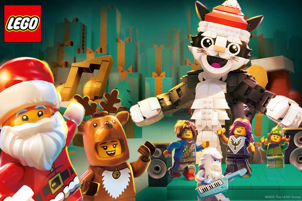 Festive LEGO® minifigures including Santa Claus featured on a green background.