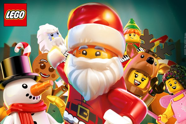 Festive LEGO® minifigures with Santa Claus at the centre featured on a green background.