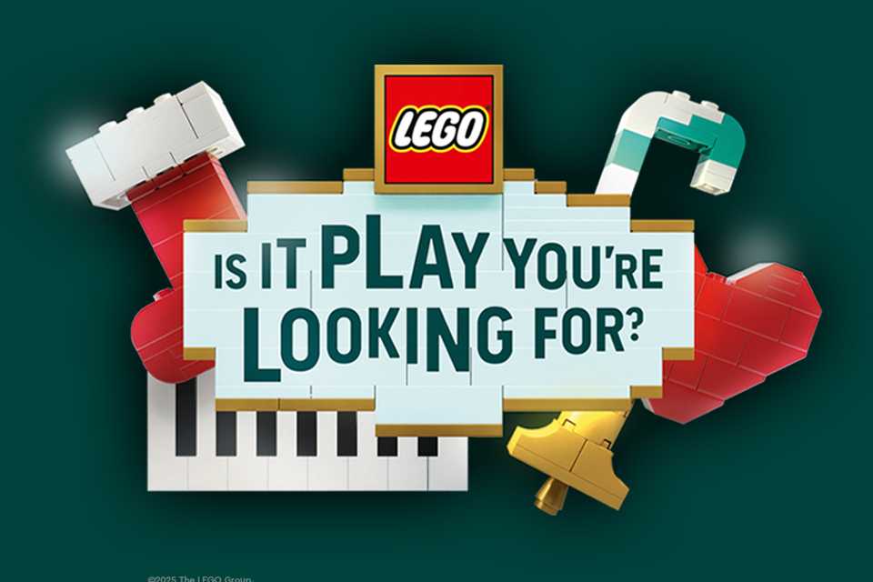 Festive LEGO® toys floating on a green background and a sign asking 'is it play you're looking for?'