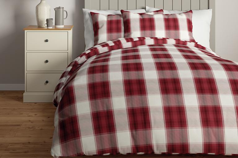 Red and white bedding.