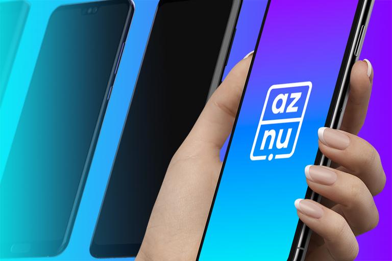 Image shows a woman's hand holding a shiny Aznu phone, against a bright blue background.