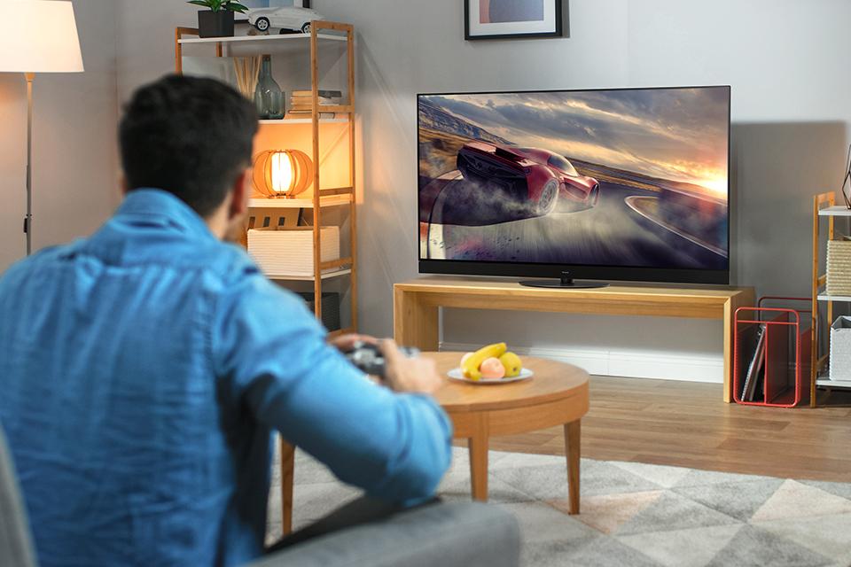A man in a blue shirt is shown playing a computer game on a large Panasonic TV screen.