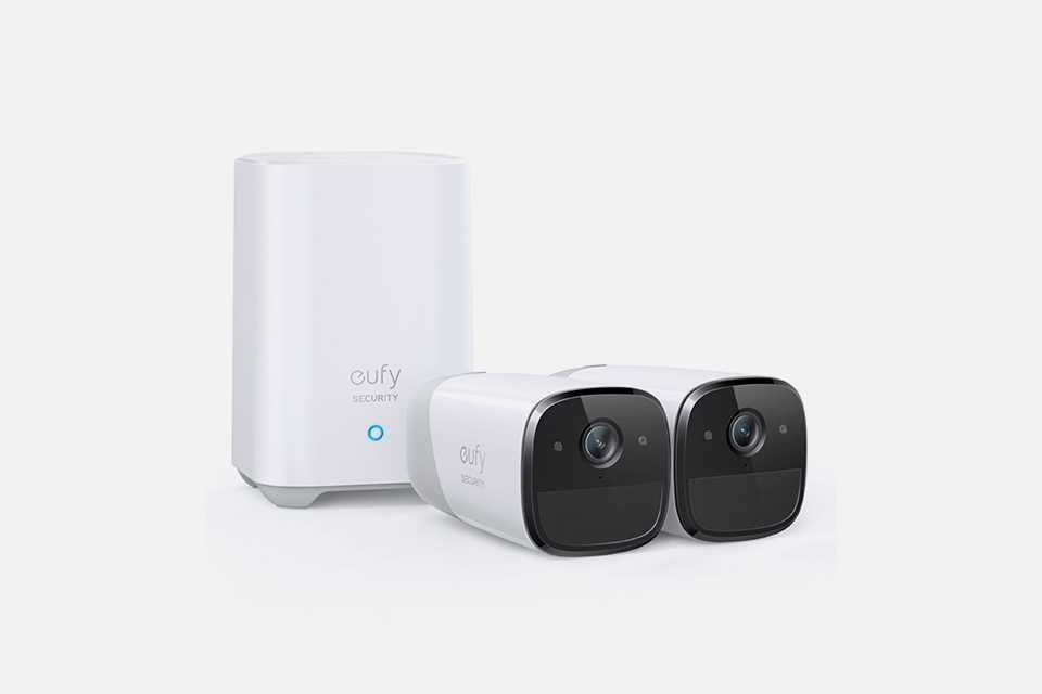 A set of white eufy Cam 2 Pro security cameras.