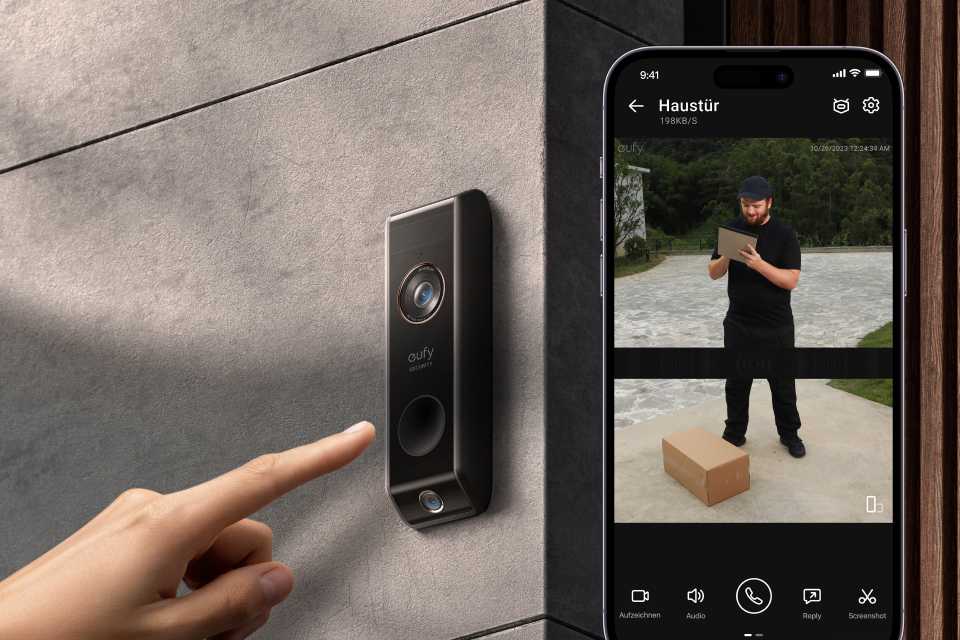 A finger about to press the doorbell and a video view of a delivery man at the door.