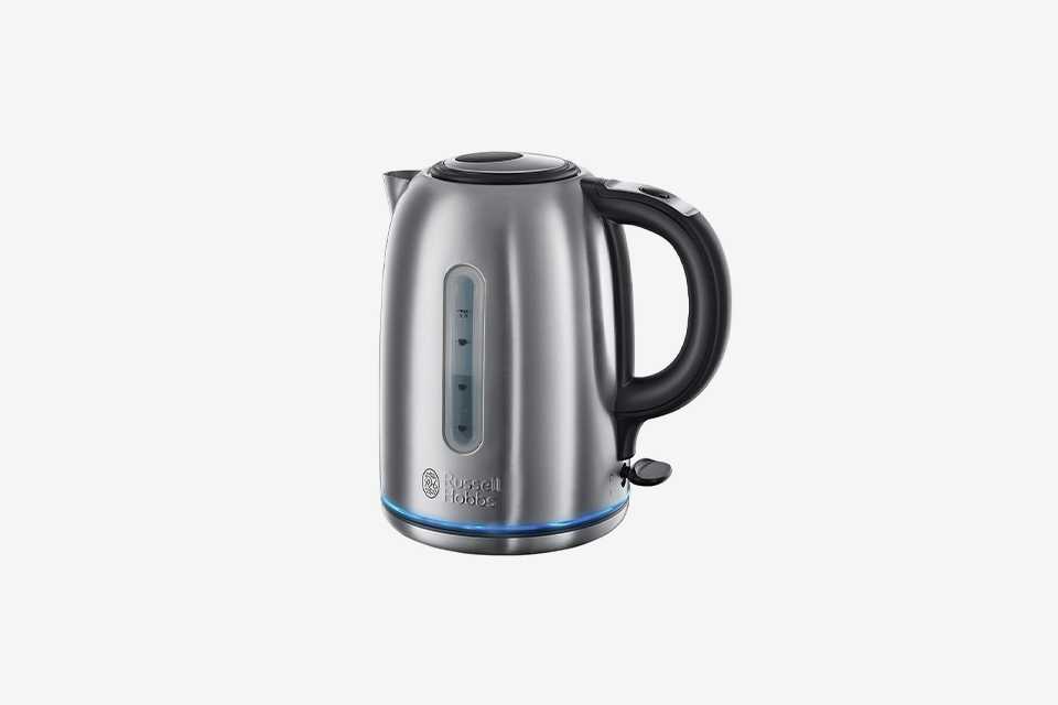 Silver Russell Hobbs kettle with black handle.