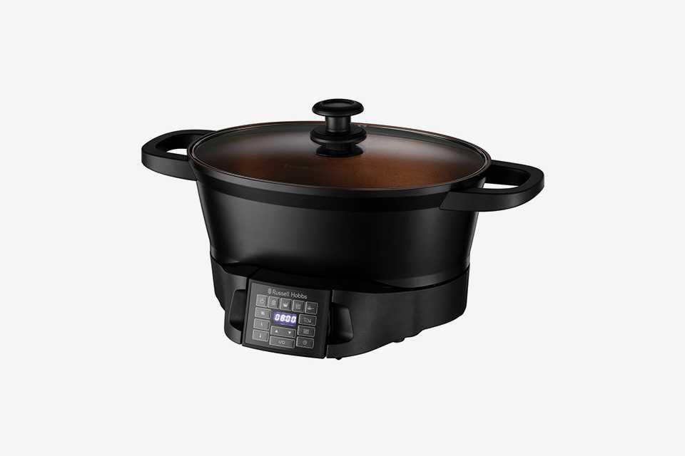 A black Russell Hobbs multicooker with glass lid on.