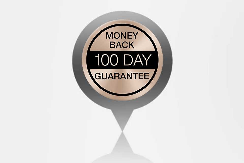 Money back 100 Day Guarantee written in a grey and rose gold coloured circle.
