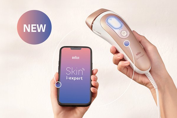 Braun Skin i-expert Corded IPL Hair Removal device shown connected to a mobile phone app.