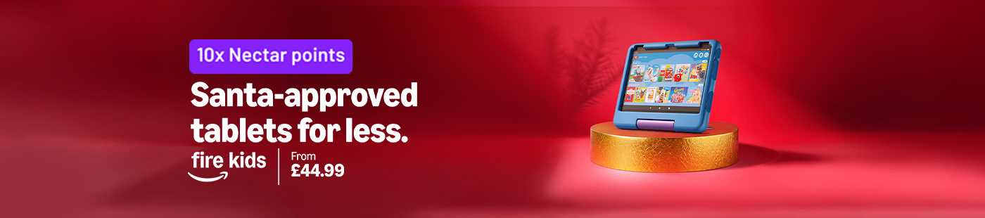 Amazon fire kids. 10x Nectar points. Santa-approved tablets for less. From £44.99.