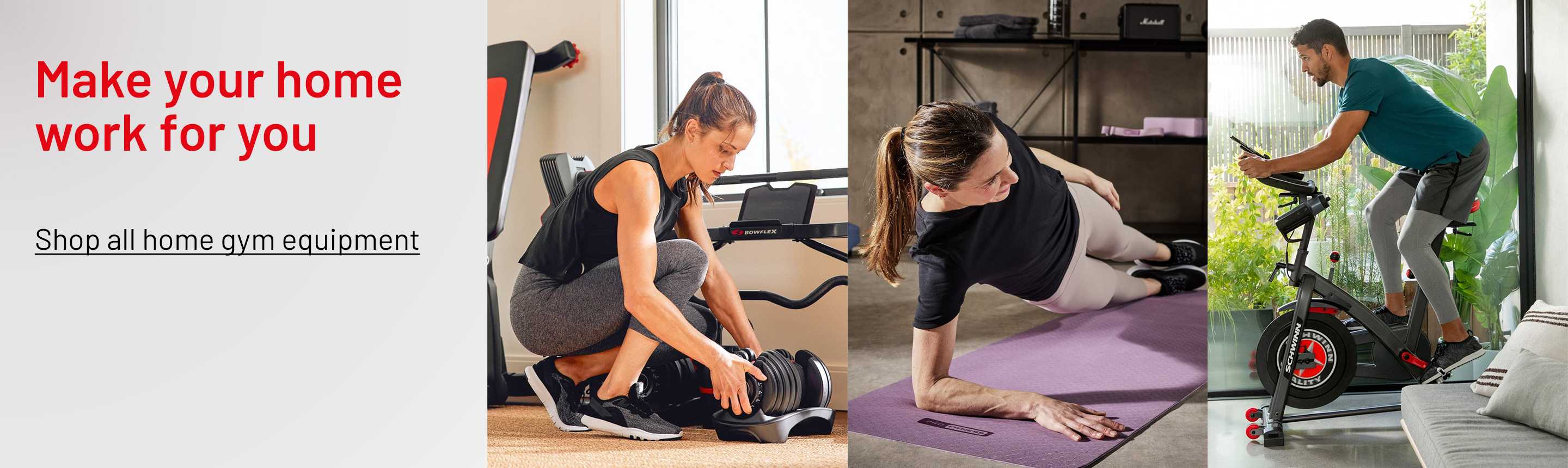 A split image of BowFlex 5.1S Stowable Bench, Pro Fitness PVC Yoga Set - Pastel Pink, and Schwinn 800IC Upright Exercise Bike.