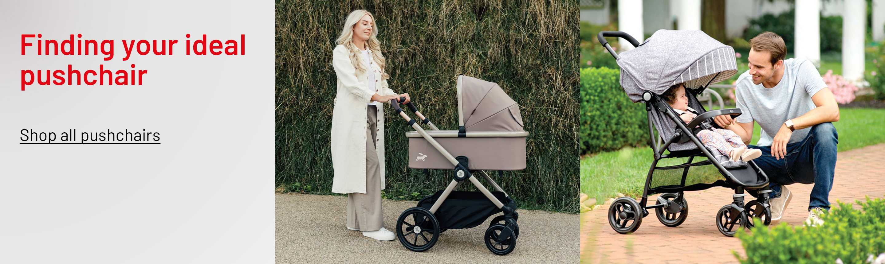 A banner depicting a mother with a Cosatto Giggle 4 Pushchair & Car Seat Travel System - Lollop and a father looking at his baby in a grey 4 wheel stroller.