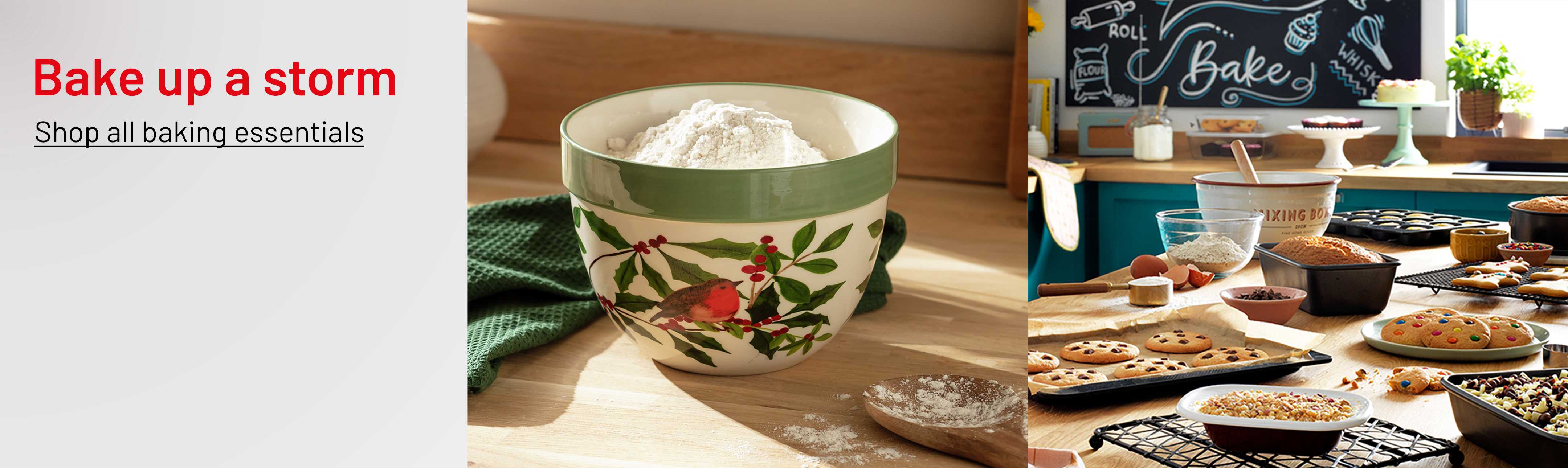 A banner depicting mixing bowls, a stand mixer, baking trays and tins and several baked goods.