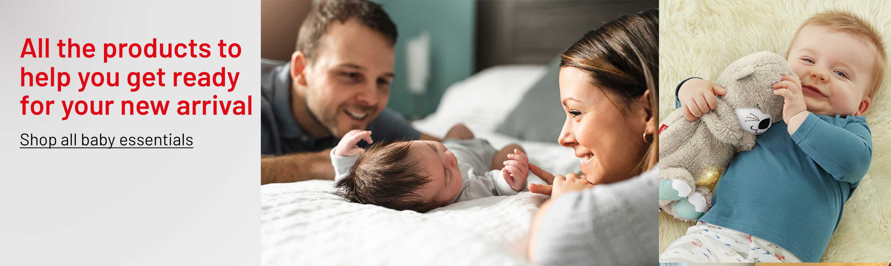 Parents looking at their newborn and a baby playing with a soft toy.