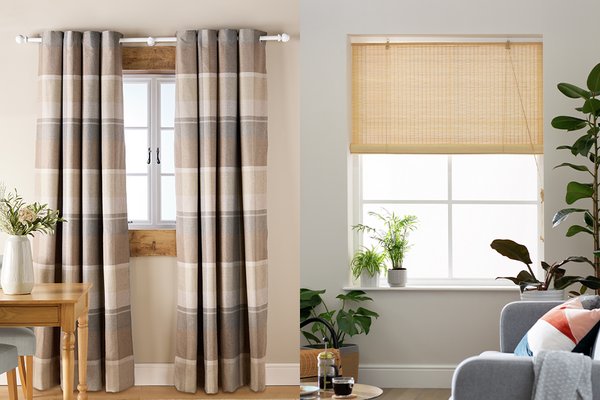 Argos Home Check Blackout Eyelet Curtain-Neutral - 137x117cm and Little Black Book Bamboo Natural Roller Blind - 60cm.