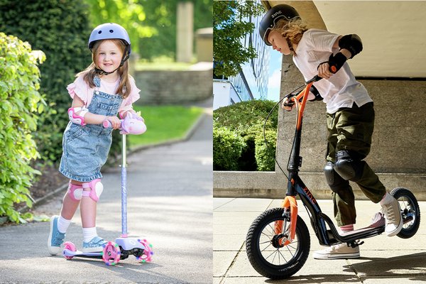 A split image of Evo Light Up Mini Cruiser Unicorn 3 Wheel Scooter in purple and Zinc Radikal 12 inch Kids BMX Scooter in orange.