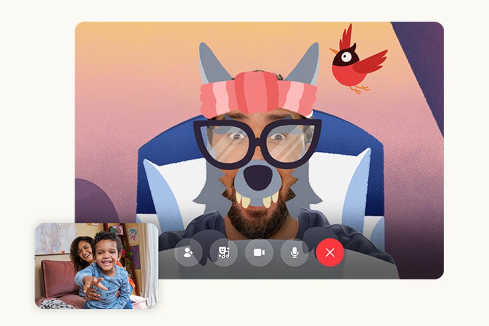 Image shows a screenshot of a Portal video call, using special effects from the story Little Red Riding Hood.