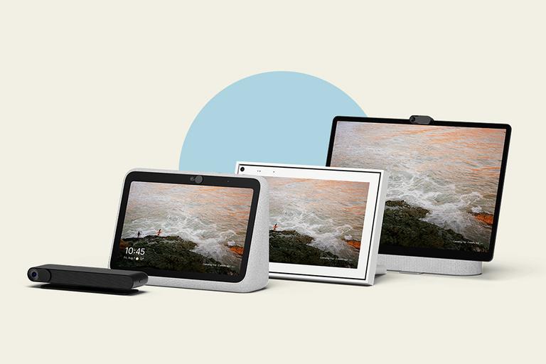 Image shows various Portal devices lined up against a neutral background.