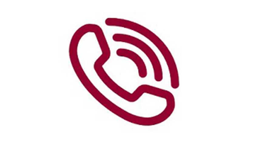 A maroon outline of a phone ringing against a white background.