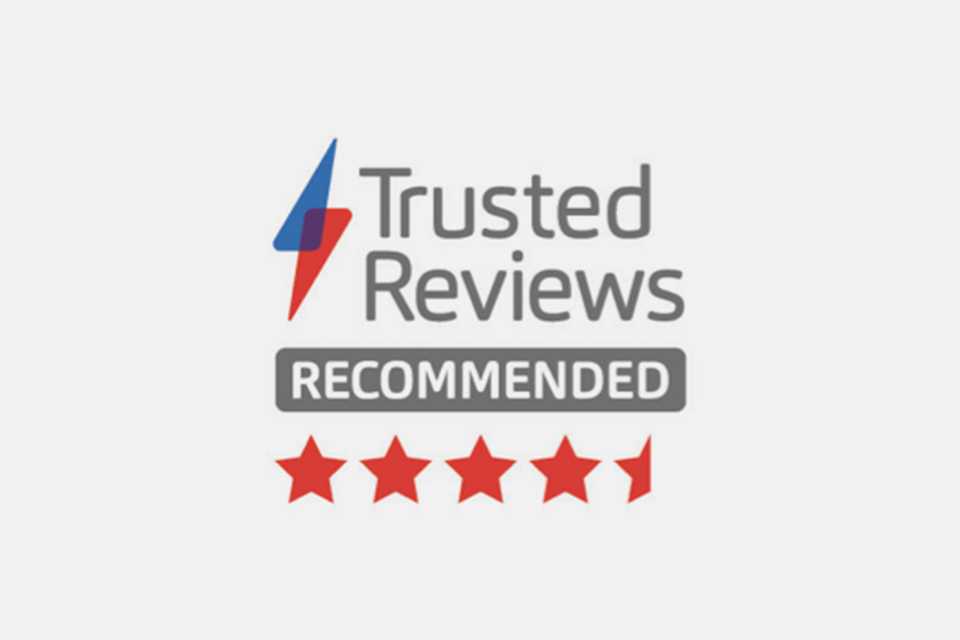 A grey Trusted Reviews logo with Recommended written below it and 4 and half red-coloured stars beneath it.