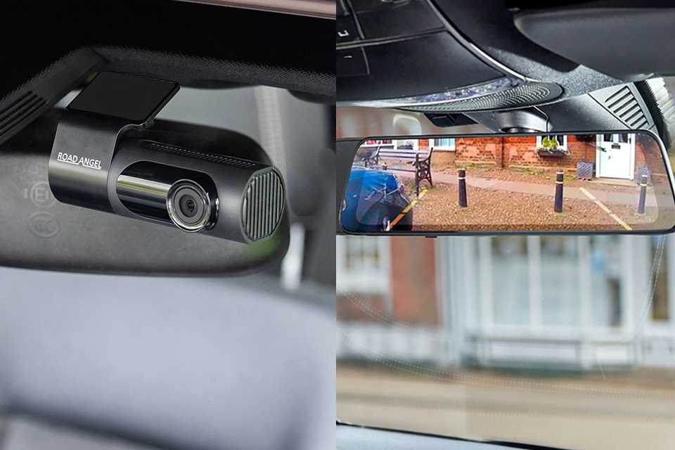 A split image of a front dash cam and rear dash cam view.