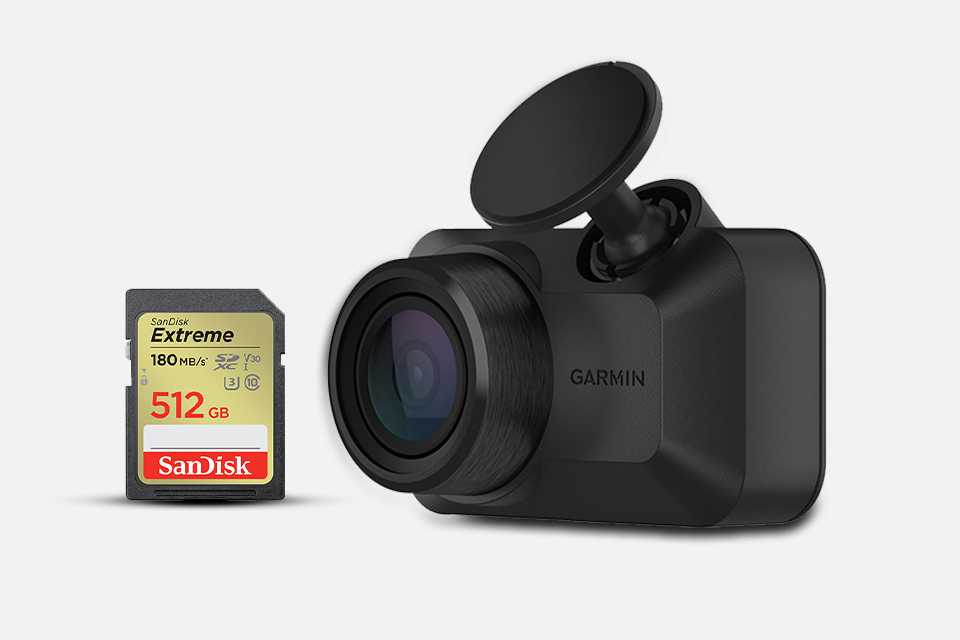 Split image of a SanDisk Extreme 180MBs SDXC memory card and a Garmin Mini 3 dash cam.