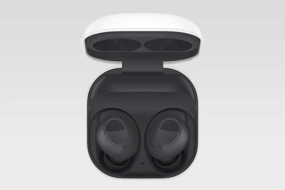 An open black pair of Galaxy Buds FE.