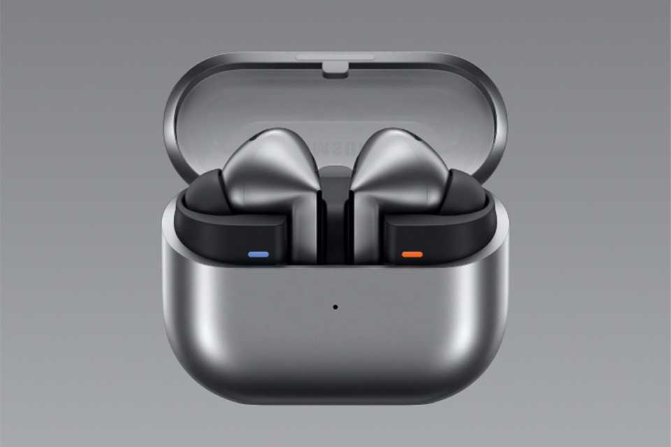An open grey pair of Galaxy Buds3 Pro.