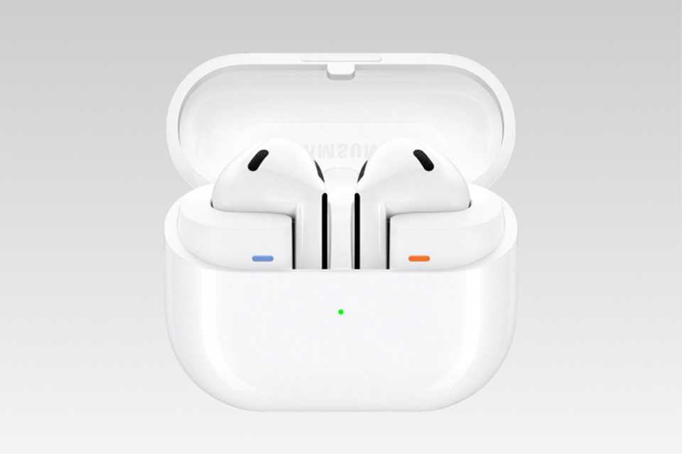 An open white pair of Galaxy Buds3.