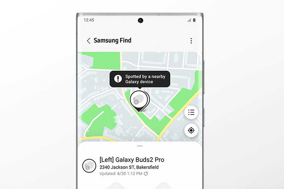 A Samsung smartphone showing the screen of a lost Galaxy Buds earbud.