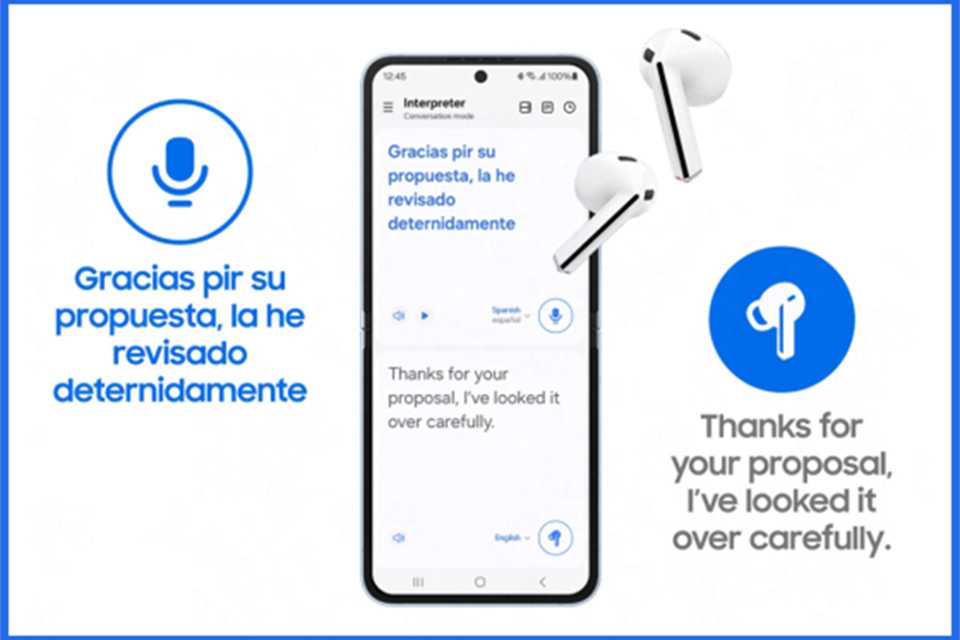 Galaxy Buds3 and Samsung phone showing live language interpreting.