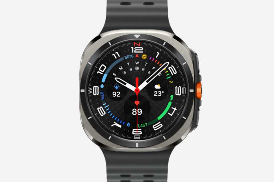 A black Samsung smartwatch.