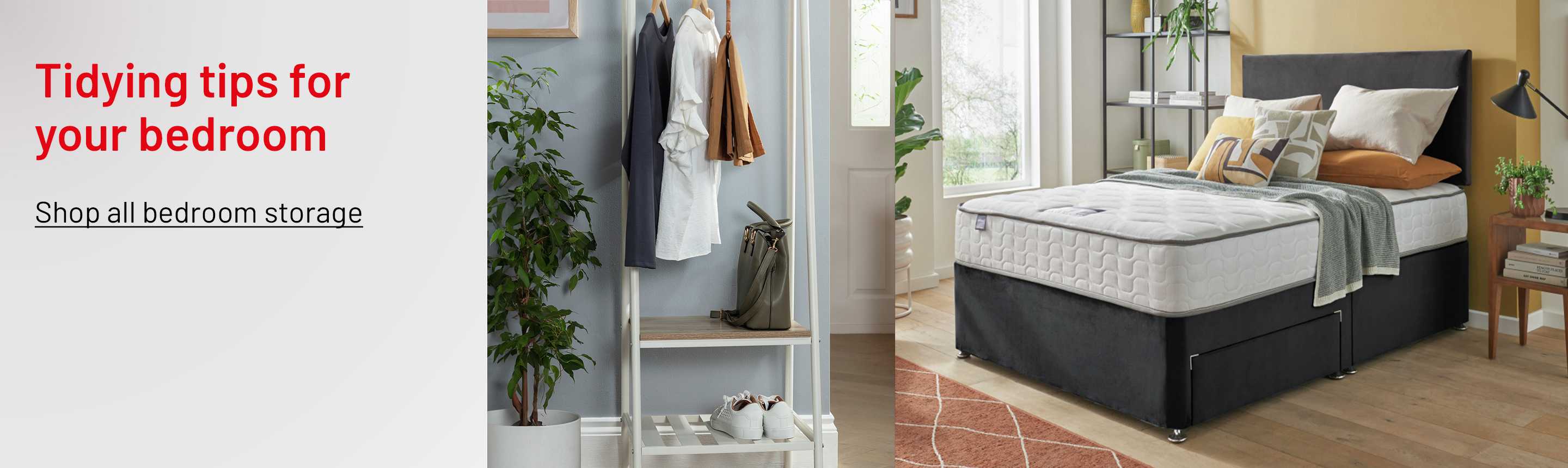 A white Habitat Turner Single Clothes Rail and a charcoal Silentnight Comfort Double Divan Bed With Mattress.