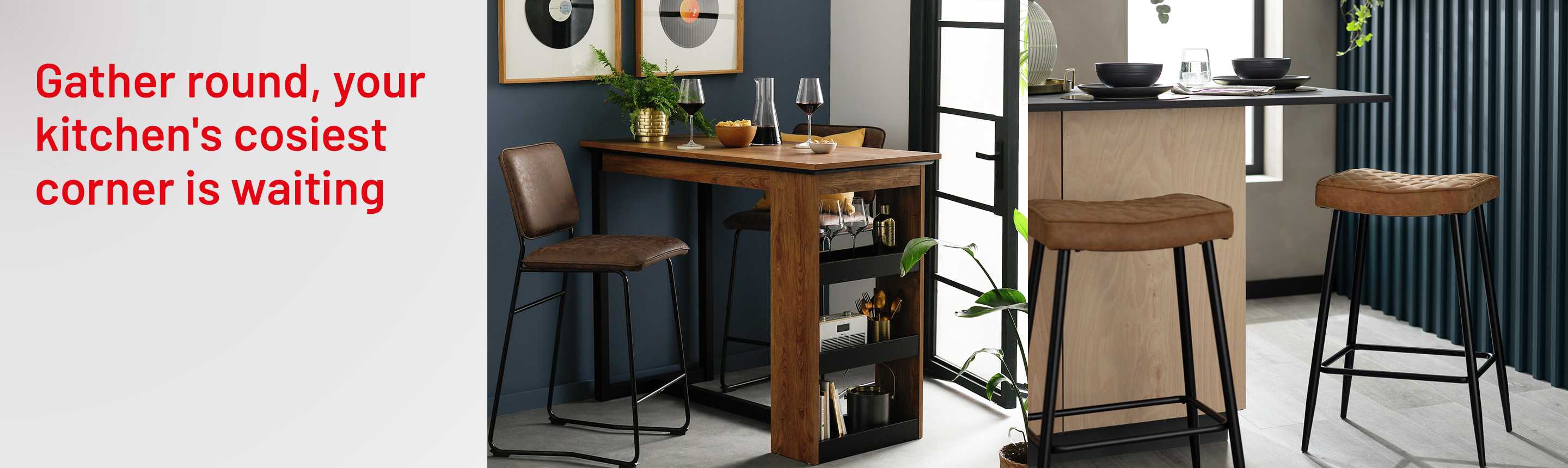 Habitat Nomad 2 Seater Bar Table - Oak and Habitat Kysen Faux Leather Counter Bar Stool - Tan.